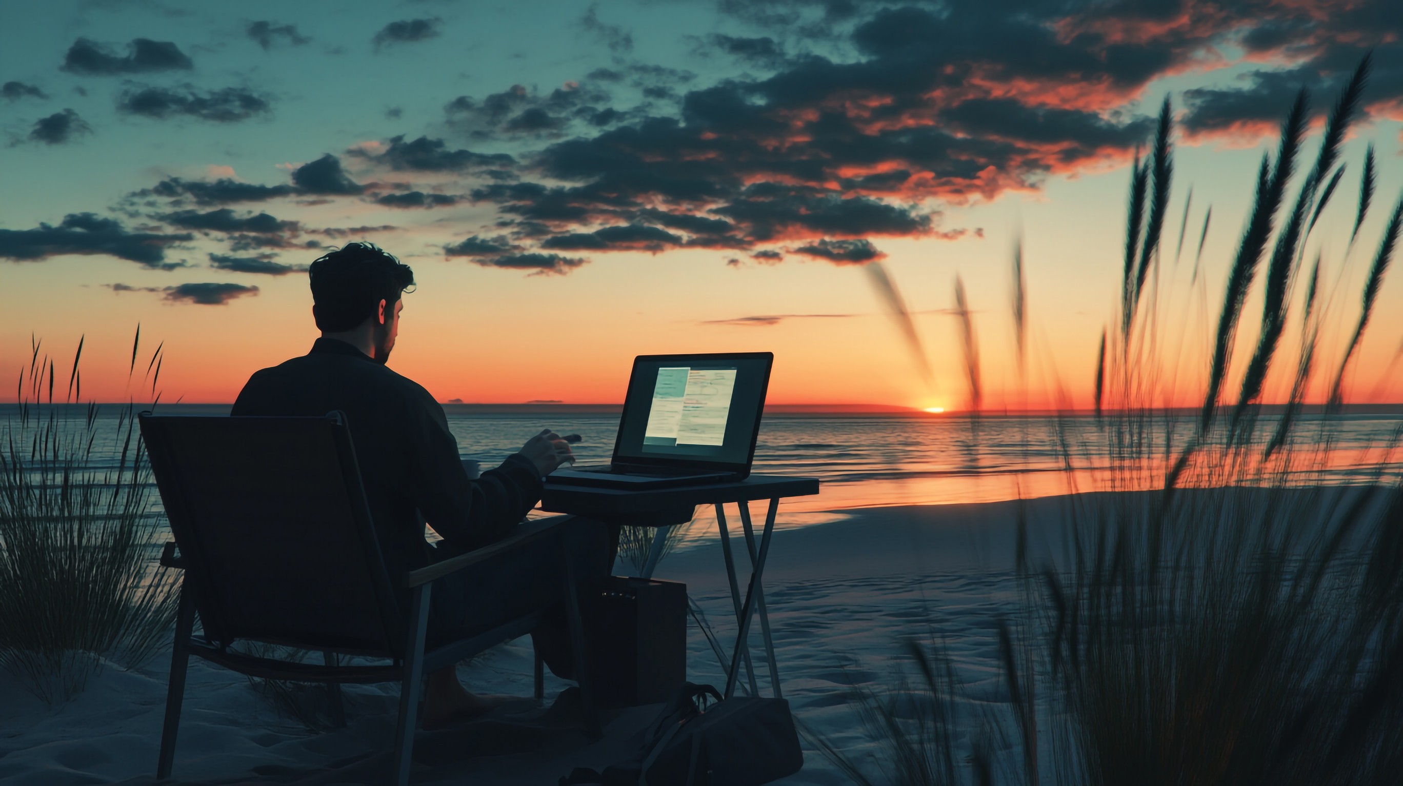 Man On Beach With Laptop At Sunset