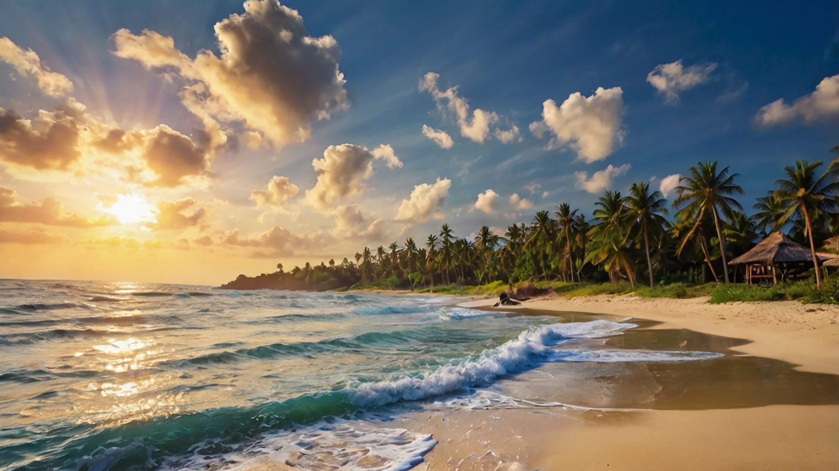 Tropical Beach With Palm Trees At Sunset In Sri Lanka